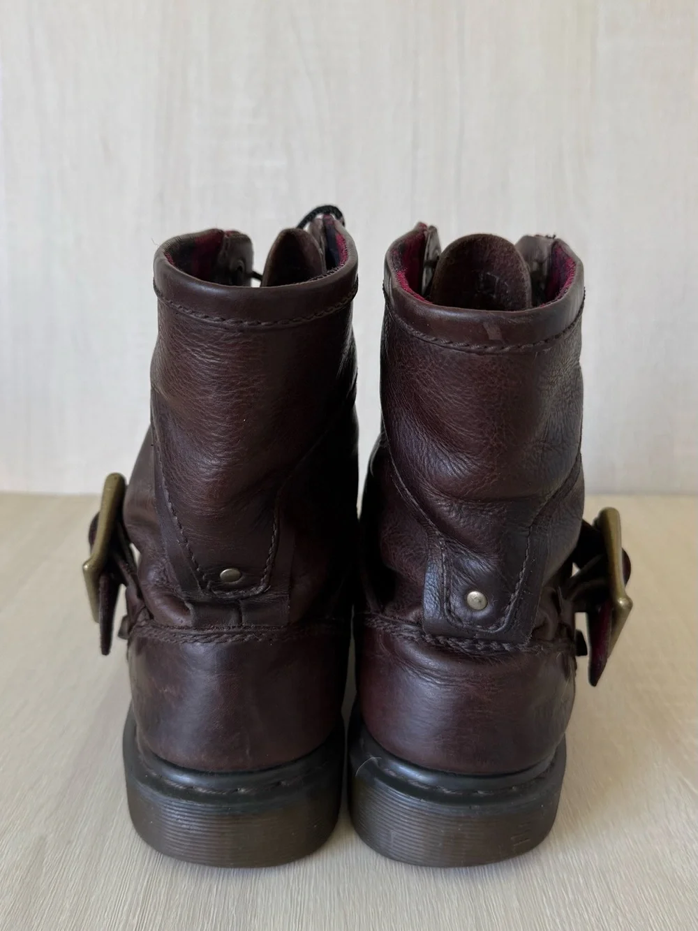 Dr. Martens Brown Leather Buckle Lace-Up Combat Boots Moto Biker Plaid M10/W11